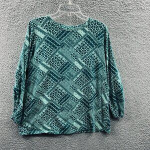 Roamans Women Top Large Green Geometric 100% Cotton Long Sleeve Pullover Shirt‎